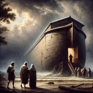 7. Noah gikk inn i arken med sine sønner, sin kone og sine svigerdøtre, for å komme unna vannflommen.